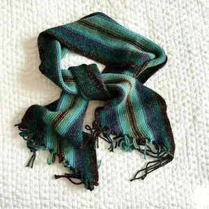 Multi colored stripe scarf with fringe and metallic thread